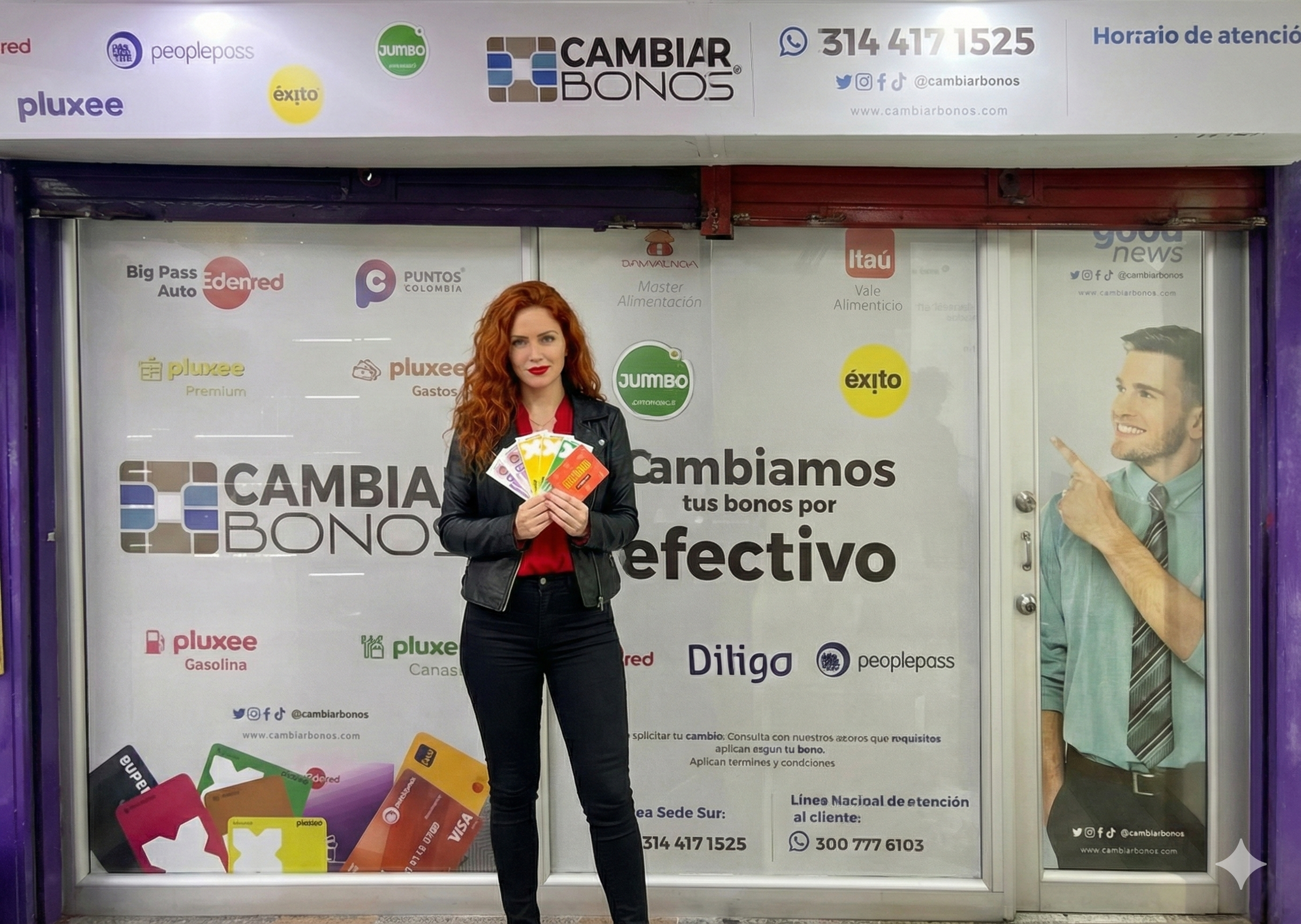 Presentación de Cambiar Bonos con tarjetas frente a la oficina